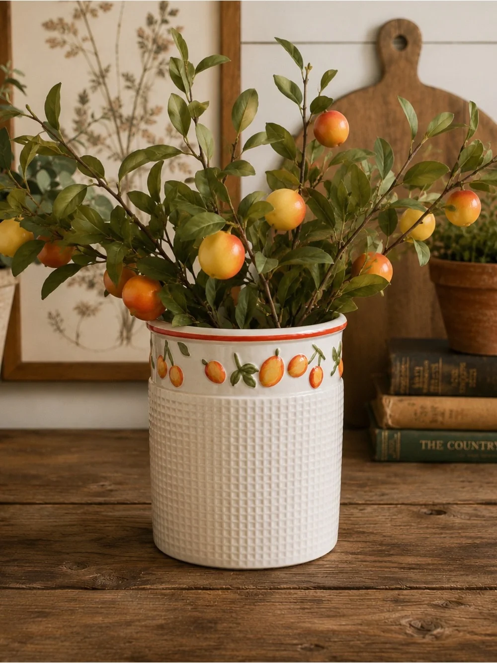 Ceramic Orange Pattern Utensil Holder - White